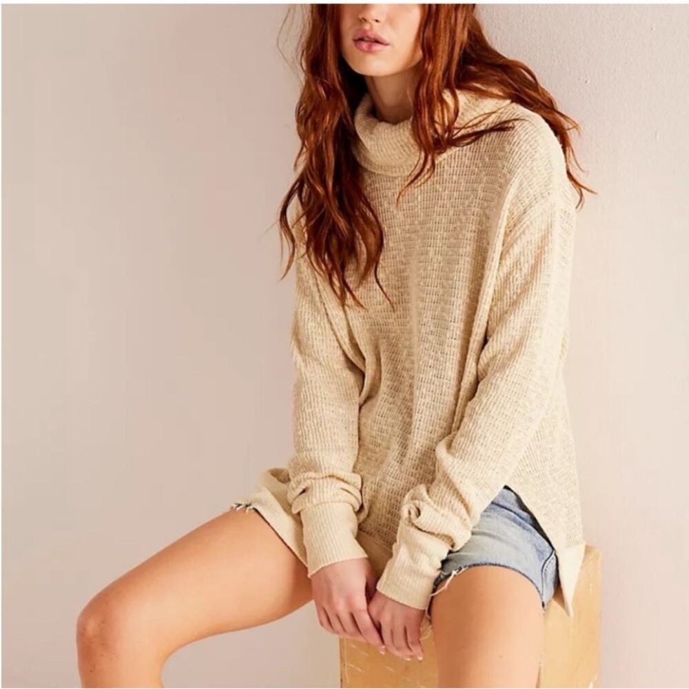 Free People We The Free Tommy Turtleneck Knit Sweater Toasted Almond Medium